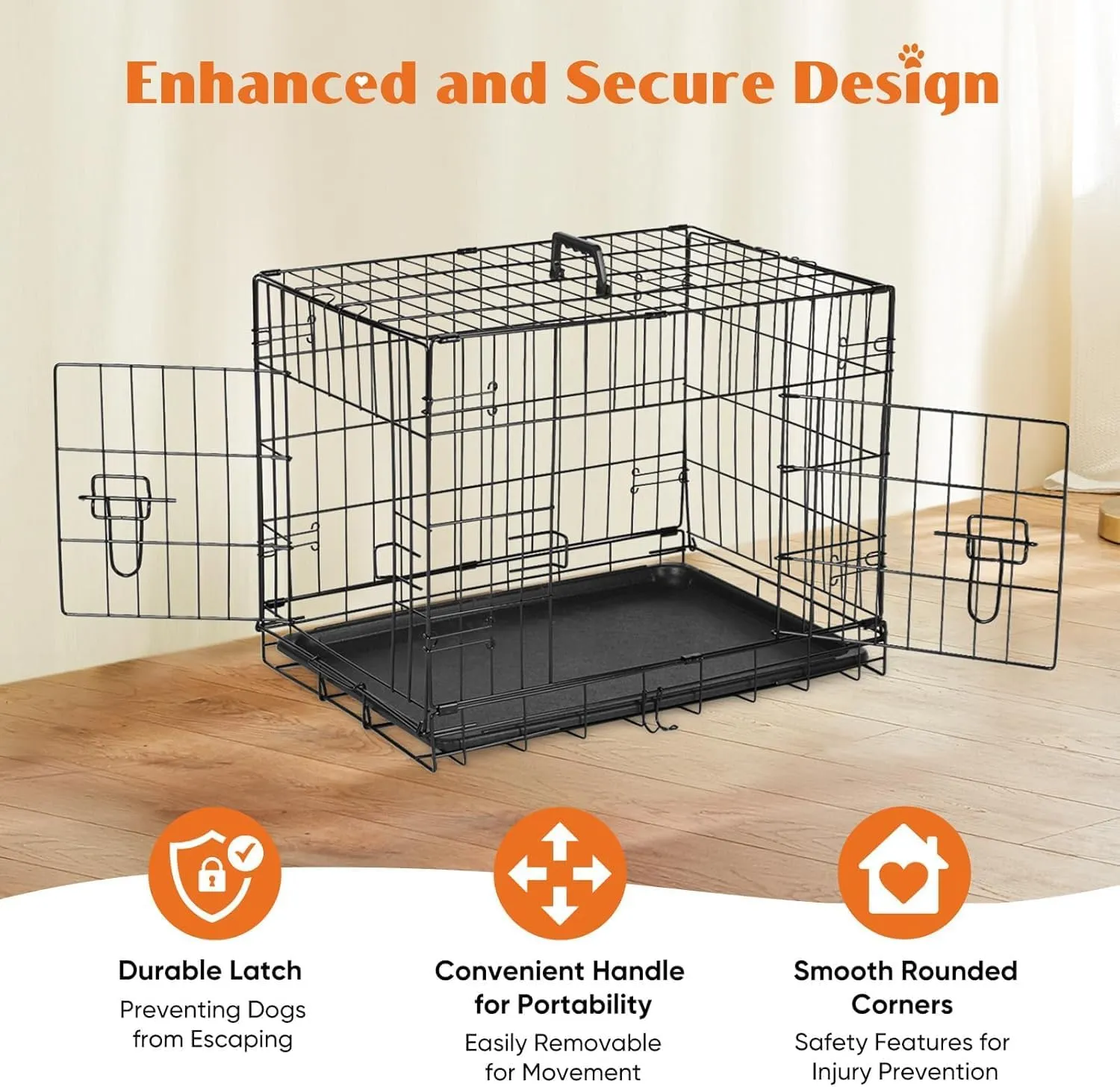 Sweetcrispy 24-Inch Double-Door Iron Dog Crate – Heavy-Duty Metal Kennel with Secure Locks, Foldable Design, & Removable Tray for Easy Cleaning, Durable Pet Cage for Home or Travel