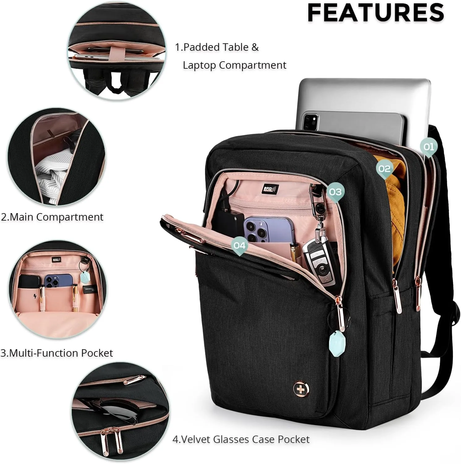 Swissdigital Design Business Backpack For Women with Rose Gold-Tone Zippers College Travel Laptop Backpack With Apple Find My Network,Fits 15.6 inch Laptop,Black | KATY ROSE