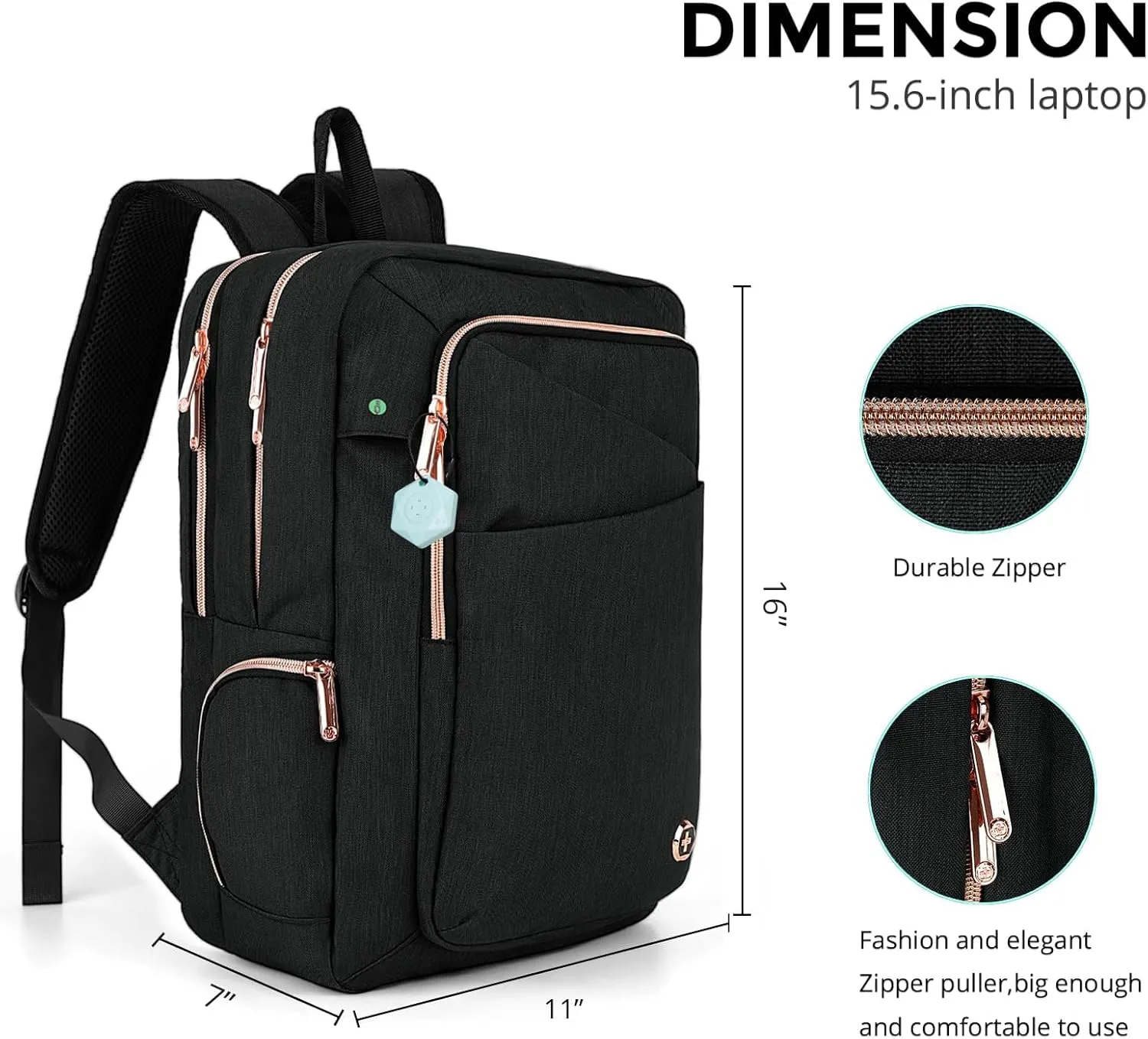 Swissdigital Design Business Backpack For Women with Rose Gold-Tone Zippers College Travel Laptop Backpack With Apple Find My Network,Fits 15.6 inch Laptop,Black | KATY ROSE