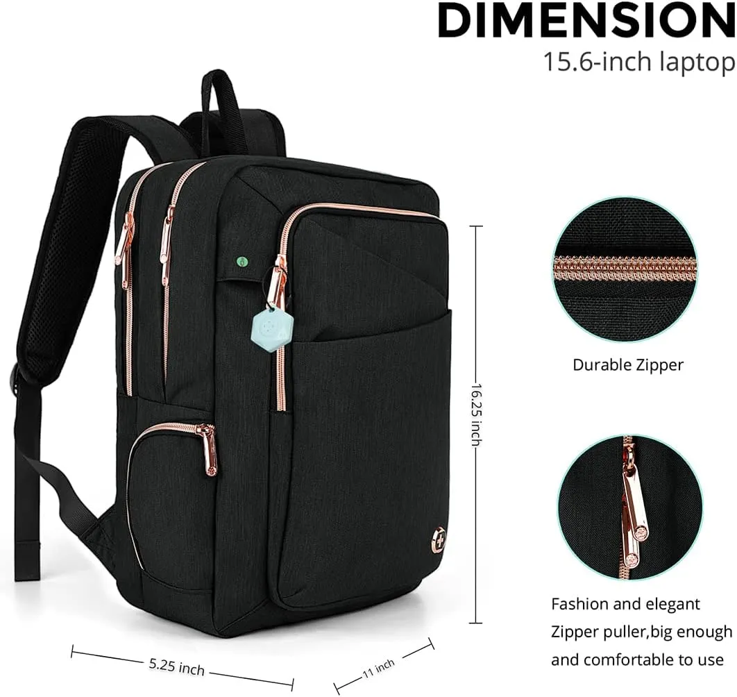 Swissdigital Design Business Backpack For Women with Rose Gold-Tone Zippers College Travel Laptop Backpack With Apple Find My Network,Fits 15.6 inch Laptop,Black | KATY ROSE