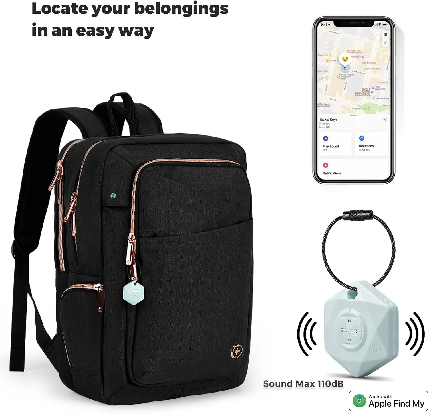 Swissdigital Design Business Backpack For Women with Rose Gold-Tone Zippers College Travel Laptop Backpack With Apple Find My Network,Fits 15.6 inch Laptop,Black | KATY ROSE
