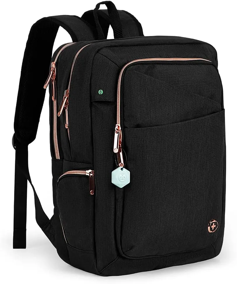 Swissdigital Design Business Backpack For Women with Rose Gold-Tone Zippers College Travel Laptop Backpack With Apple Find My Network,Fits 15.6 inch Laptop,Black | KATY ROSE