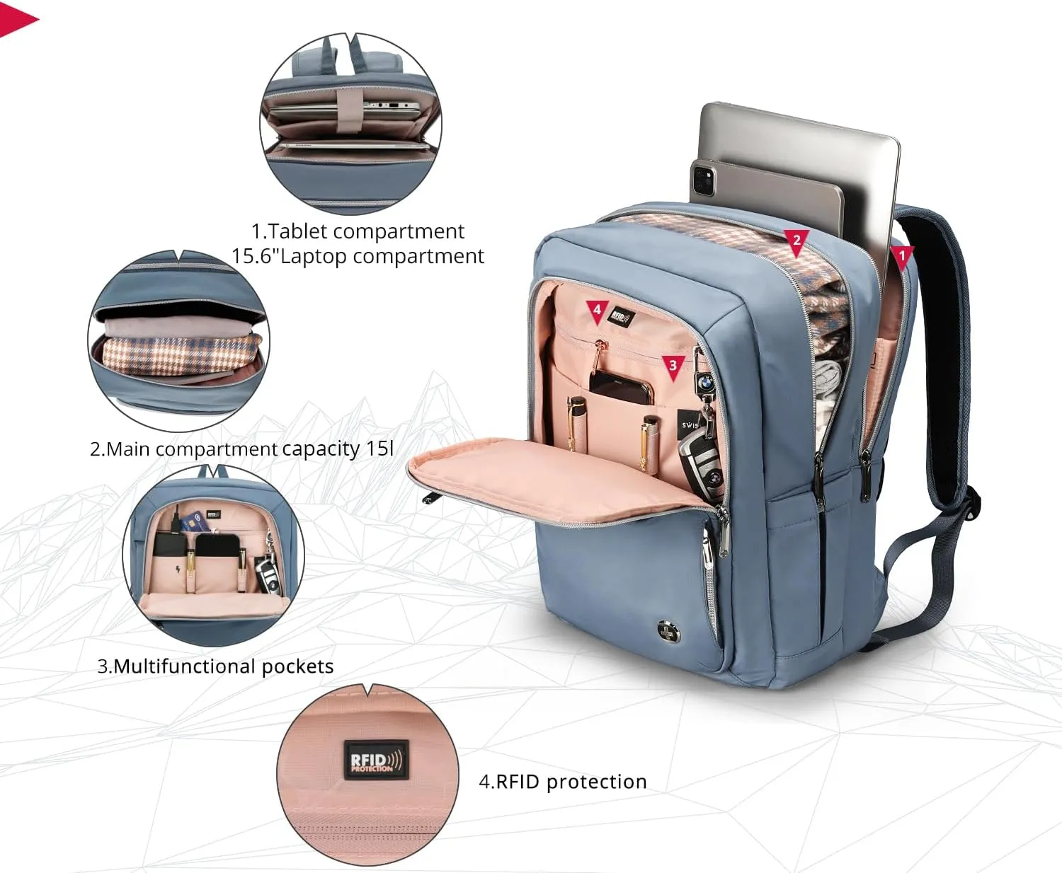 Swissdigital Design Women's Backpack for Work/Travel/Leisure with USB Charging Port, Water Bottle Holder, Separate Sunglass Pocket - Fits 15.6 inch Laptop,Blue | KATY ROSE