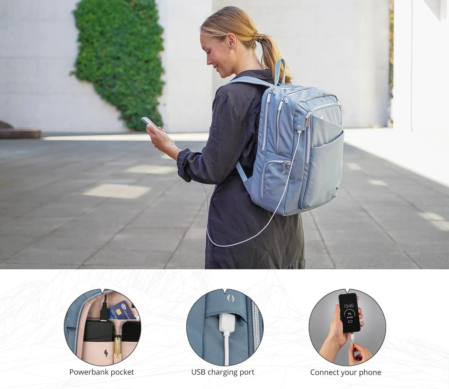 Swissdigital Design Women's Backpack for Work/Travel/Leisure with USB Charging Port, Water Bottle Holder, Separate Sunglass Pocket - Fits 15.6 inch Laptop,Blue | KATY ROSE