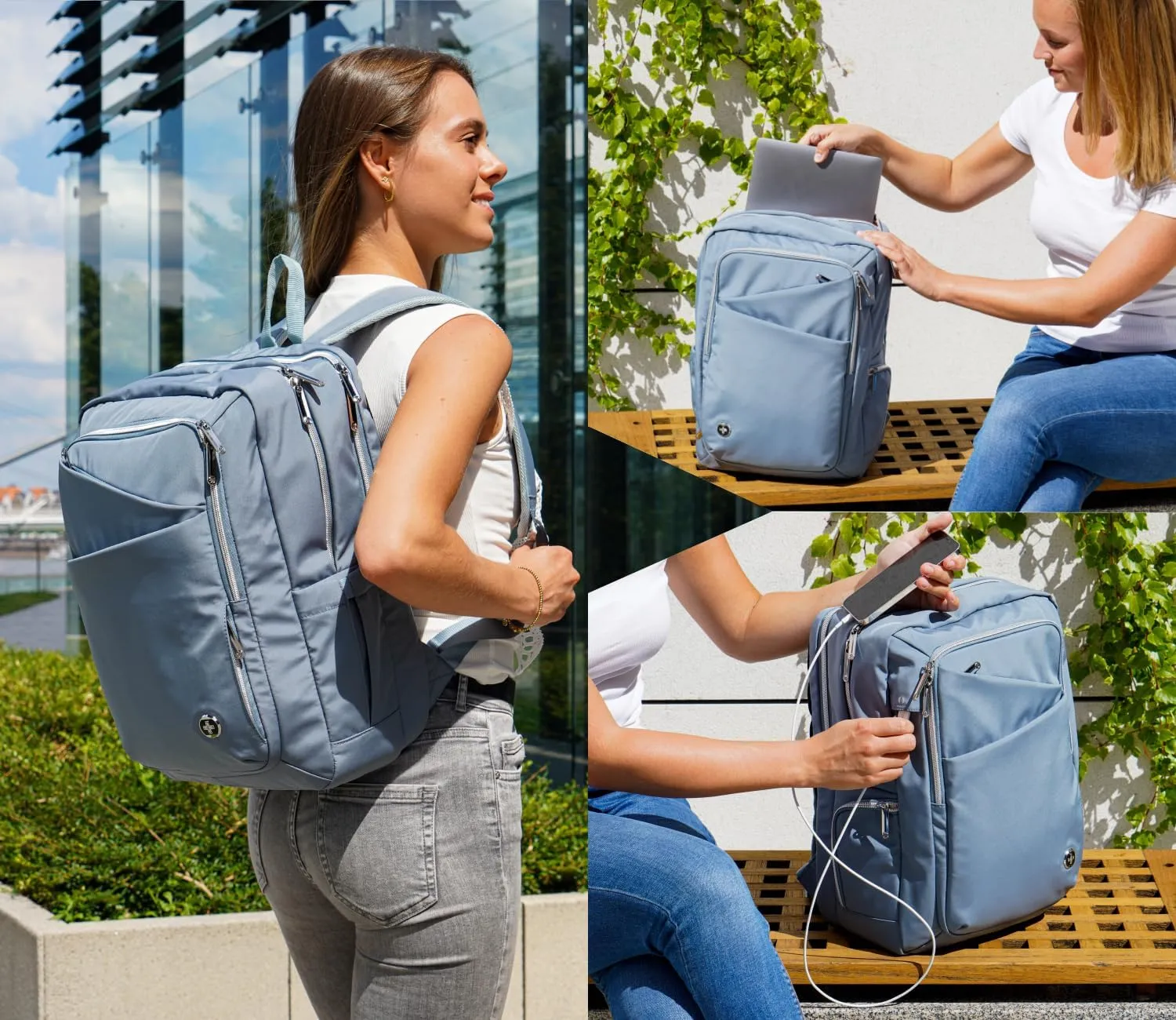 Swissdigital Design Women's Backpack for Work/Travel/Leisure with USB Charging Port, Water Bottle Holder, Separate Sunglass Pocket - Fits 15.6 inch Laptop,Blue | KATY ROSE