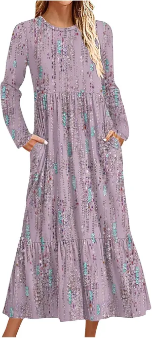 T Shirt Dresses for Women 2024 Vintage Long Sleeve Crewneck Boho Maxi Dress Casual Loose Tiered Ruffle Bohemian Dress