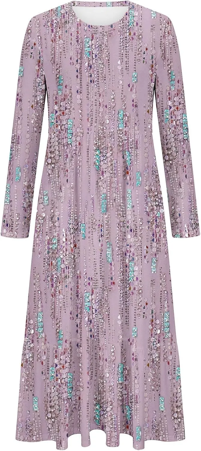 T Shirt Dresses for Women 2024 Vintage Long Sleeve Crewneck Boho Maxi Dress Casual Loose Tiered Ruffle Bohemian Dress