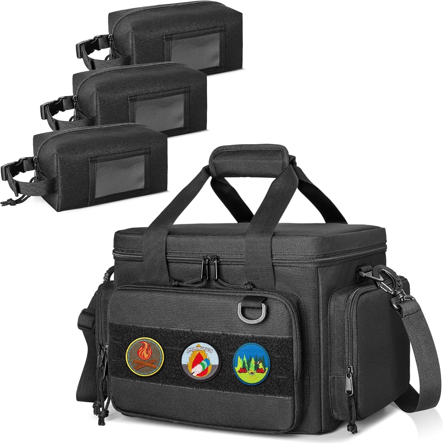 Tactical Ammo Storage Bag with 3 Ammo Pouches, Shooting Range Bag with Detachable Shoulder Strap, Ammo Pouch Carrier with Multiple Pockets for Range Shooting Hunting, Black