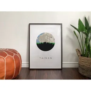 Tainan, Taiwan city skyline with vintage Tainan map