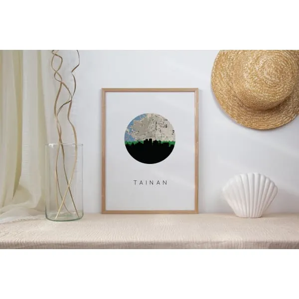 Tainan, Taiwan city skyline with vintage Tainan map