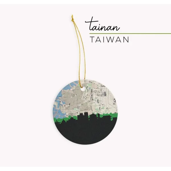 Tainan, Taiwan city skyline with vintage Tainan map