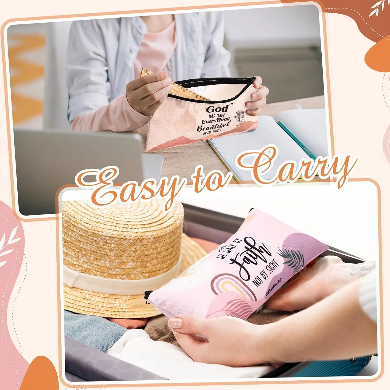 Talltalk 14 Pcs Christian Cosmetic Bags Bulk Christian Gift for Women Makeup Bags Inspirational Bible Verse Pencil Pouch for Graduation Mother's Day Travel Motivational Religious Favors(Boho)