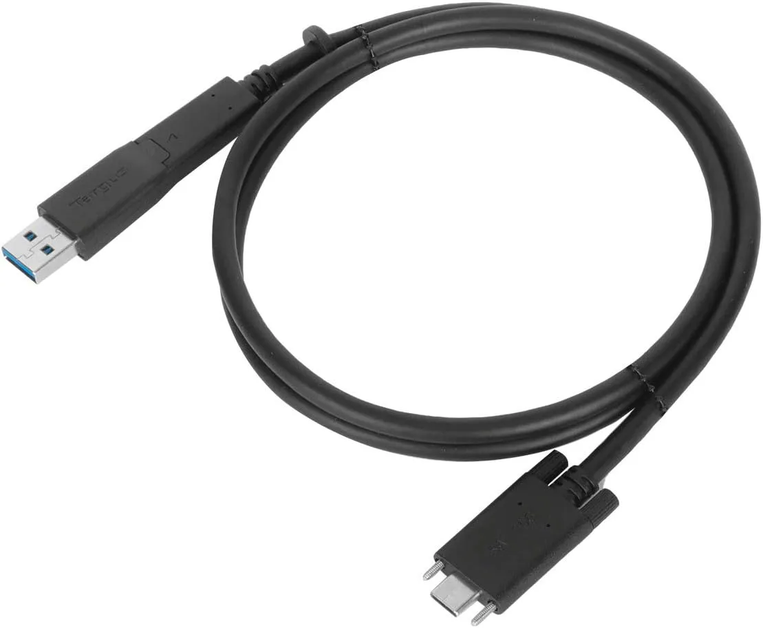 Targus USB-C Male to USB-C Male Cable with Screw and USB-A Tether, 1M Length for Secure and Reliable Connectivity, Compact Design for Travel (ACC1133GLX)
