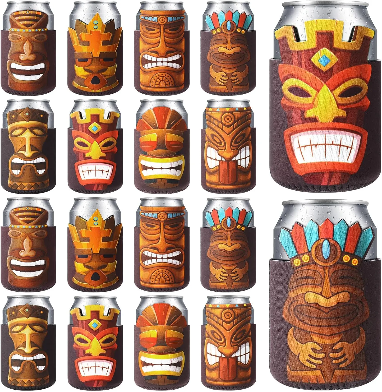 Tarpop 16 Pcs Tiki Party Beer Can Insulated Sleeves Neoprene Bottle Insulator Sleeve Luau Soda Beer Can Insulated Covers Hawaiian Summer Can Insulated Sleeve for Beer Beverages Cans and Bottles Party
