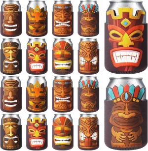 Tarpop 16 Pcs Tiki Party Beer Can Insulated Sleeves Neoprene Bottle Insulator Sleeve Luau Soda Beer Can Insulated Covers Hawaiian Summer Can Insulated Sleeve for Beer Beverages Cans and Bottles Party