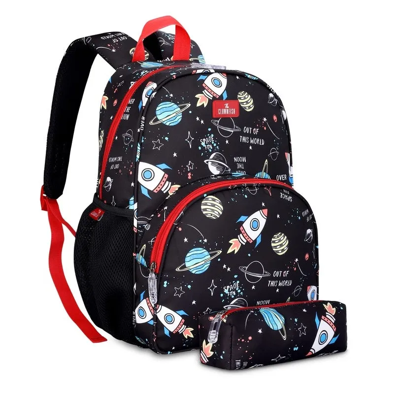 THE CLOWNFISH Cosmic Critters Series Printed Polyester 15 Litres Kids Standard Backpack School Bag With Free Pencil Staionery Pouch Daypack Picnic Bag ForTiny Tots Of Age 5-7 Yrs(Black) (Medium Size)