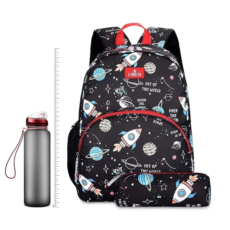 THE CLOWNFISH Cosmic Critters Series Printed Polyester 15 Litres Kids Standard Backpack School Bag With Free Pencil Staionery Pouch Daypack Picnic Bag ForTiny Tots Of Age 5-7 Yrs(Black) (Medium Size)