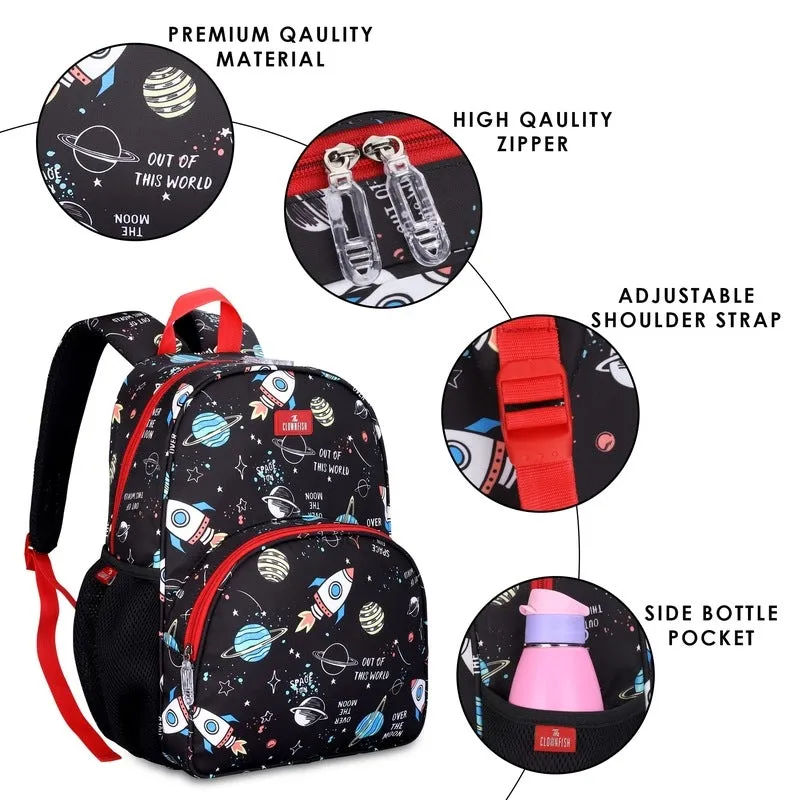THE CLOWNFISH Cosmic Critters Series Printed Polyester 15 Litres Kids Standard Backpack School Bag With Free Pencil Staionery Pouch Daypack Picnic Bag ForTiny Tots Of Age 5-7 Yrs(Black) (Medium Size)