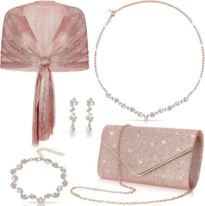 Tiamon 5 Pcs Rhinestone Jewelry Sets Shawls and Wraps Formal Clutch Purses for Women Evening Dresses Bridal Weddings