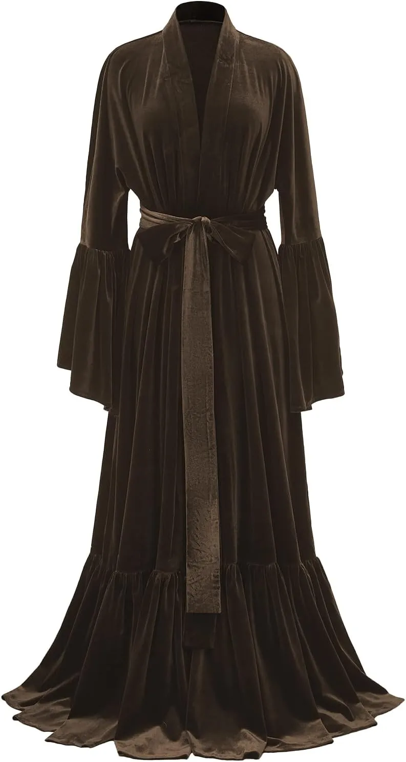 Tianzhihe Velvet Bridal Robe Long Flare Sleeves Nightgown Sleepwear Loose Warm Bathgown
