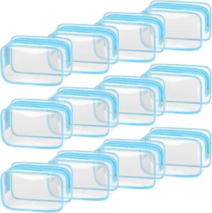 TISRATOK 12 PCS Clear Makeup Bag for Women with Zipper, TSA Approved Toiletry Pouch, Cosmetic Bag Bulk for Travel Organizer Essentials - Blue,Small