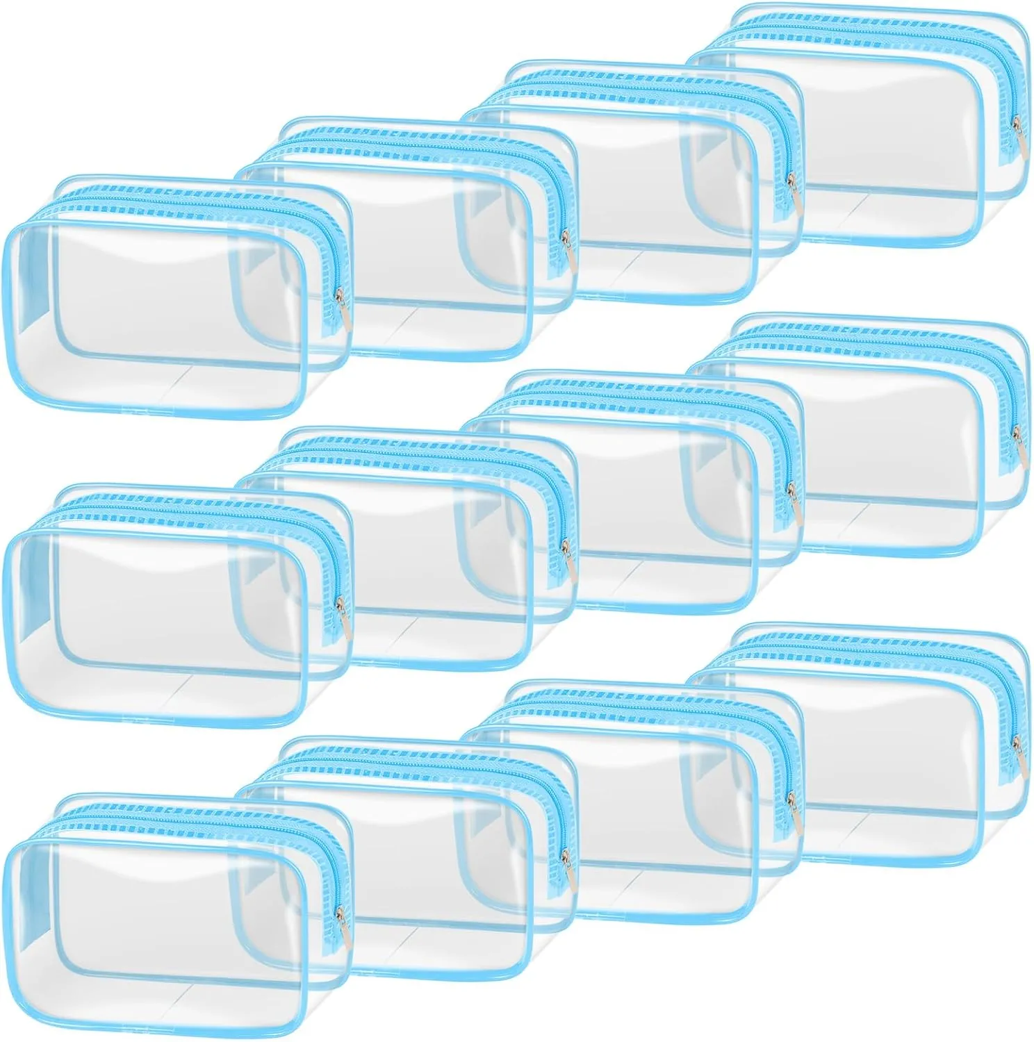 TISRATOK 12 PCS Clear Makeup Bag for Women with Zipper, TSA Approved Toiletry Pouch, Cosmetic Bag Bulk for Travel Organizer Essentials - Blue,Small