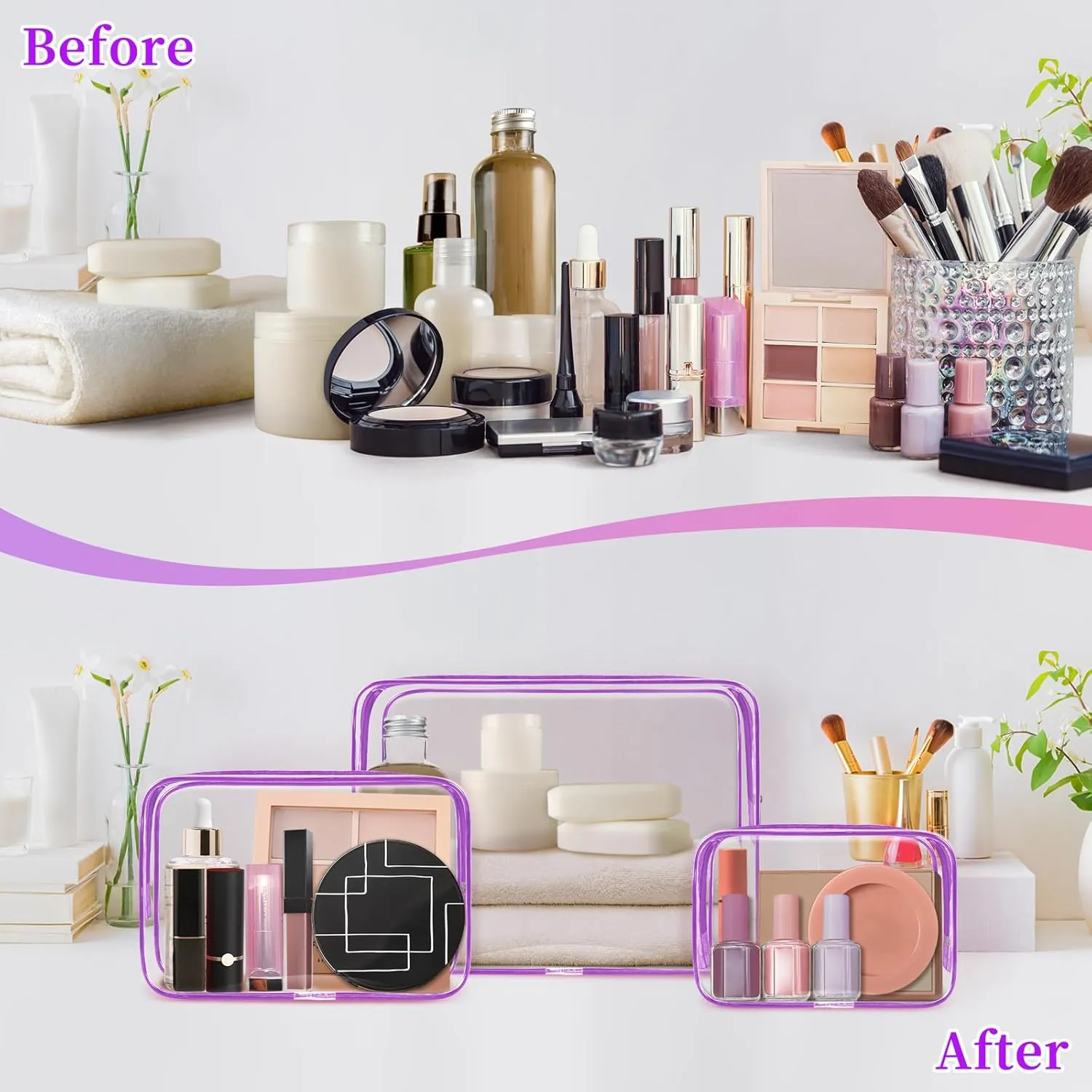 TISRATOK 12 PCS Clear Makeup Bag for Women with Zipper, TSA Approved Toiletry Pouch, Cosmetic Bag Bulk for Travel Organizer Essentials - Purple, Medium