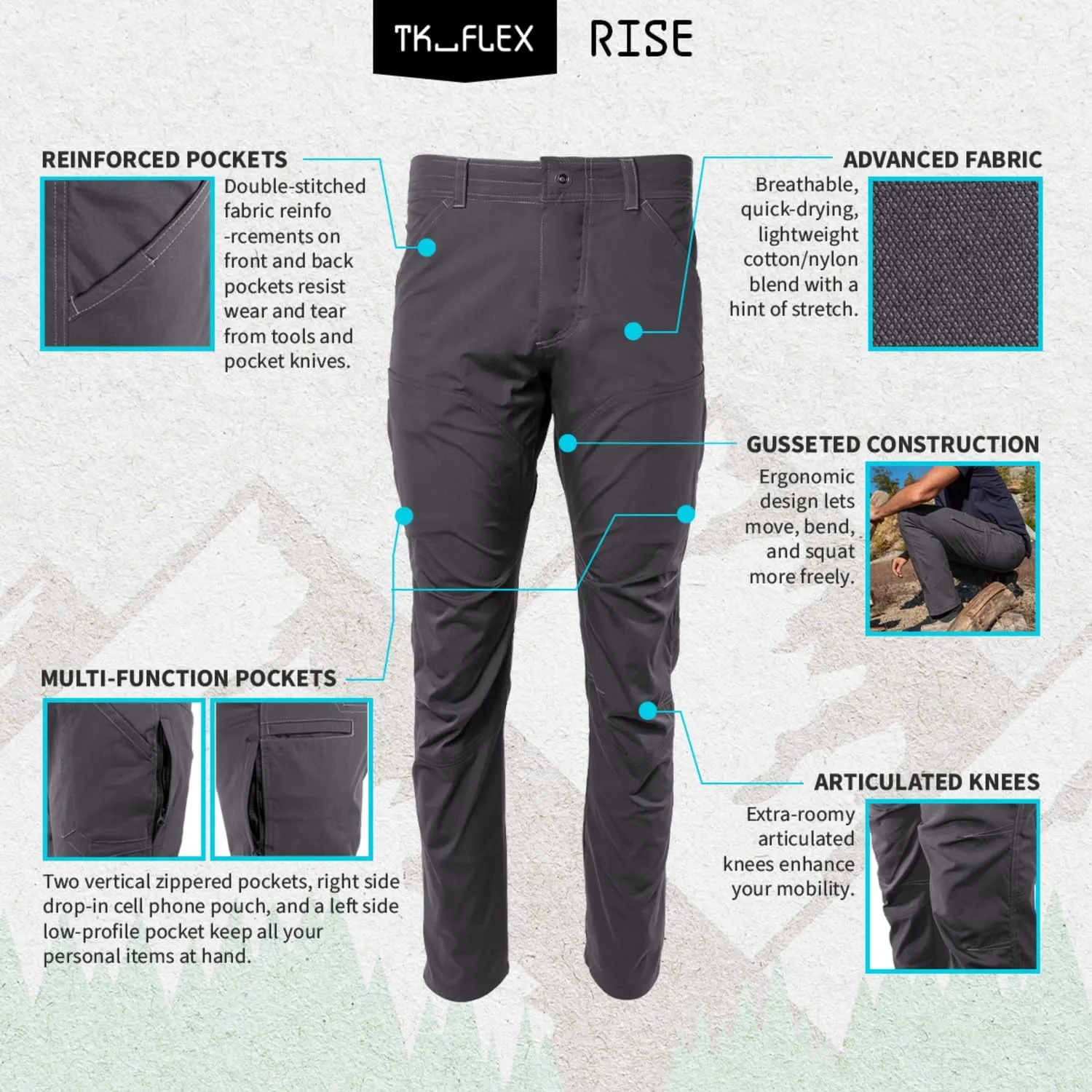 TK Flex Rise Men's Technical Pants Quick Dry Breathable Outdoor Hiking 8 Pockets
