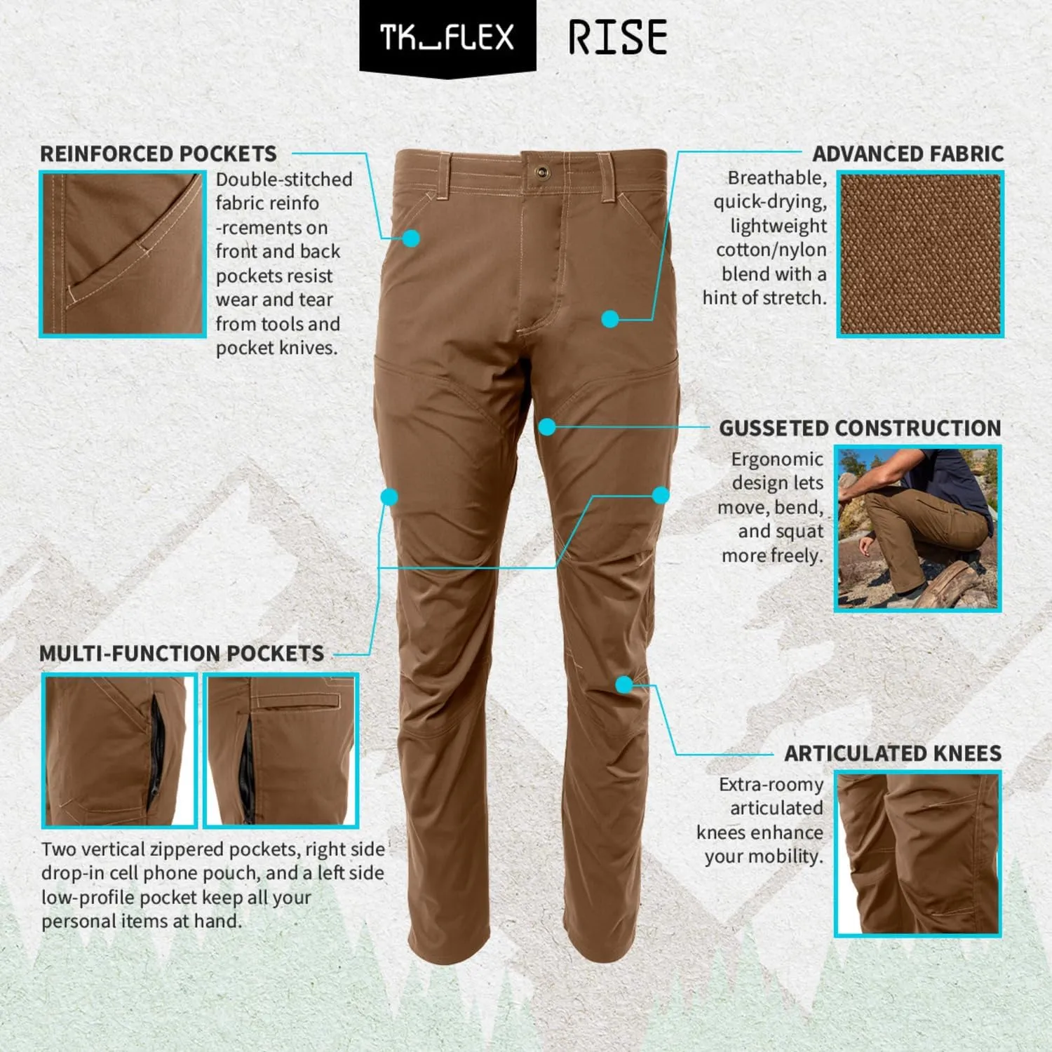 TK Flex Rise Men's Technical Pants Quick Dry Breathable Outdoor Hiking 8 Pockets