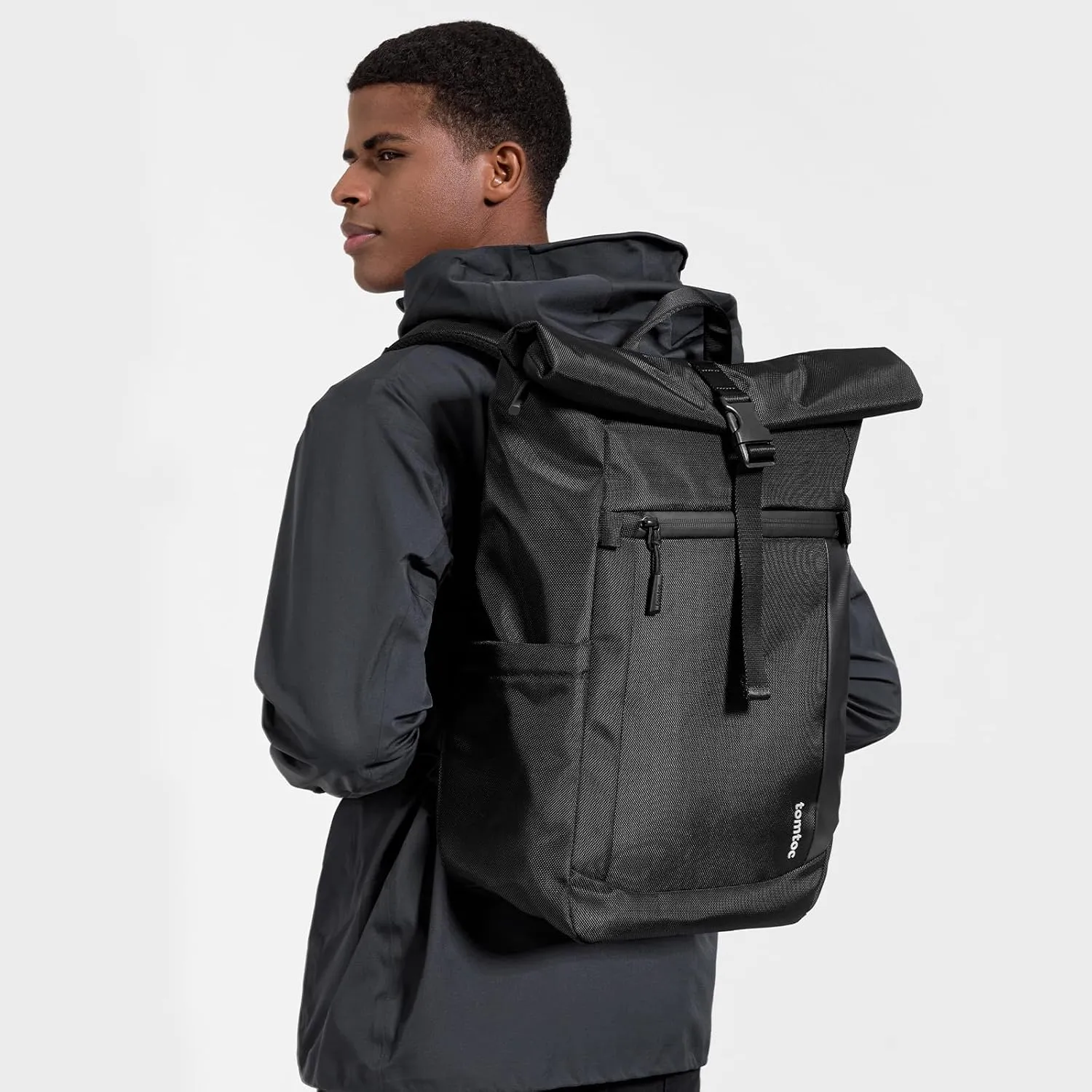 tomtoc Rolltop Laptop Backpack, Water-Resistant Travel Backpack Commute Expandable Casual Daypack for 13-17.3 inch Laptop, Rucksack for Work College Trip, Capacity Adjustable 25-30L, Black