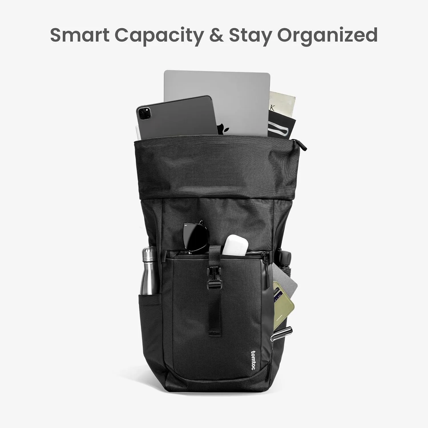 tomtoc Rolltop Laptop Backpack, Water-Resistant Travel Backpack Commute Expandable Casual Daypack for 13-17.3 inch Laptop, Rucksack for Work College Trip, Capacity Adjustable 25-30L, Black