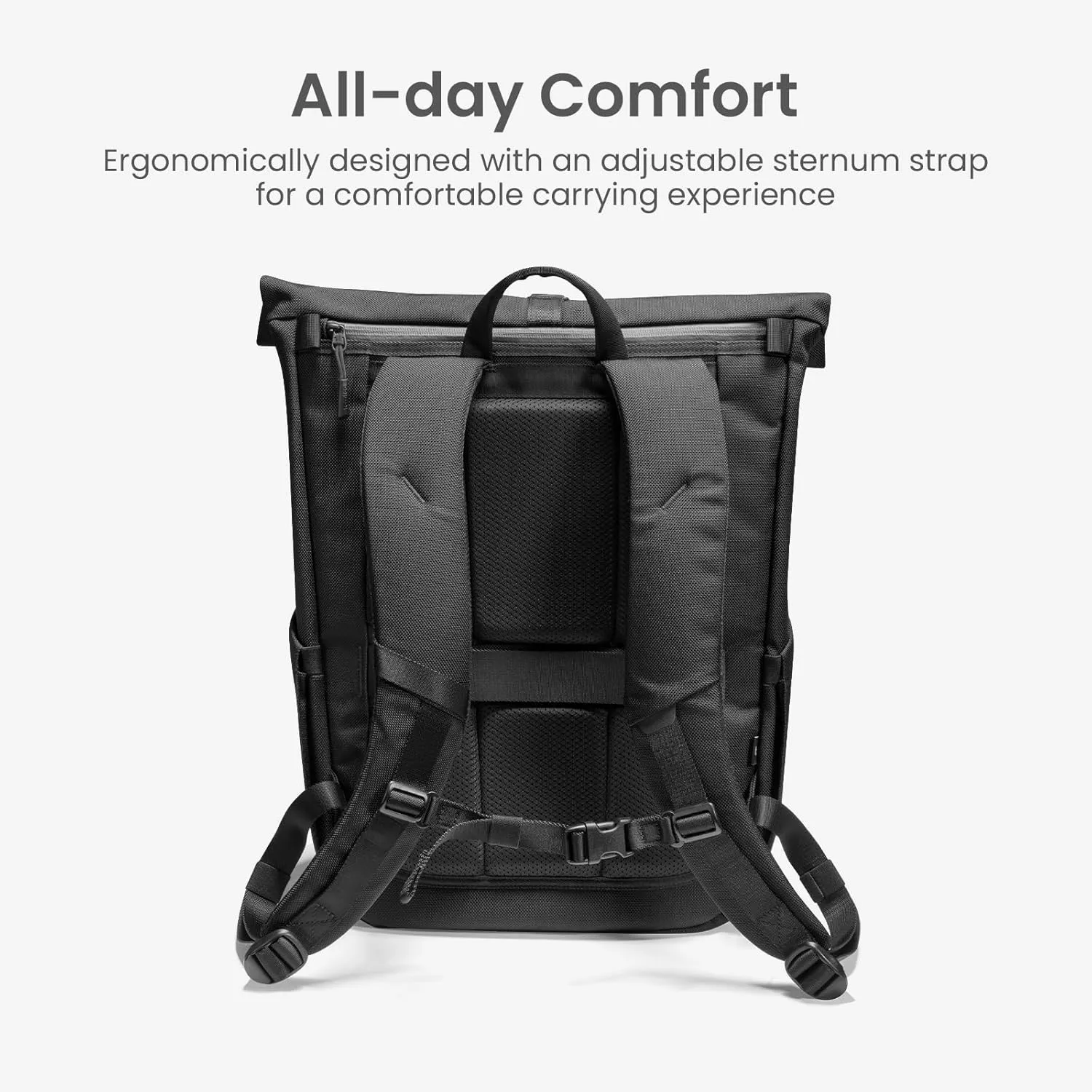 tomtoc Rolltop Laptop Backpack, Water-Resistant Travel Backpack Commute Expandable Casual Daypack for 13-17.3 inch Laptop, Rucksack for Work College Trip, Capacity Adjustable 25-30L, Black