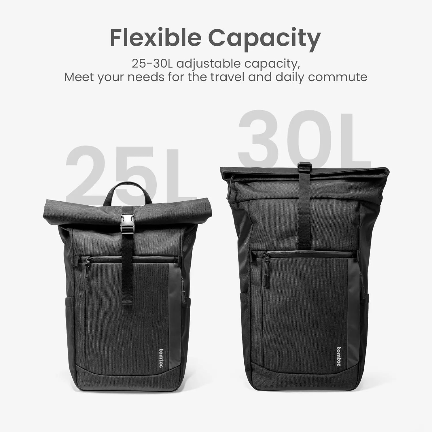 tomtoc Rolltop Laptop Backpack, Water-Resistant Travel Backpack Commute Expandable Casual Daypack for 13-17.3 inch Laptop, Rucksack for Work College Trip, Capacity Adjustable 25-30L, Black