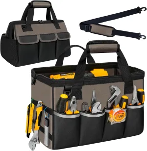 Tool Bag, Portable Tool Box Organizer Adjustable Shoulder Strap, Carry Tool Tote Heavy Duty Tool Storage Bag With Wide Mouth,Tool Bags for Men Mechanic EngineerGift - L, Coffee & Black