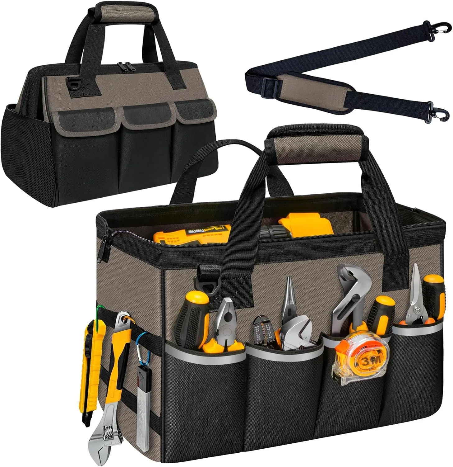 Tool Bag, Portable Tool Box Organizer Adjustable Shoulder Strap, Carry Tool Tote Heavy Duty Tool Storage Bag With Wide Mouth,Tool Bags for Men Mechanic EngineerGift - L, Coffee & Black