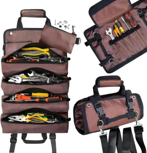 Tool Bag Roll up, Heavy Duty Tool Bag Organizer, Tool bags for Men Women, Portable Tool bag with shoulder strap, Small Carrier Bag for Electrician Mechanic, Father Day Dad Gifts, Gifts for Men, Brown