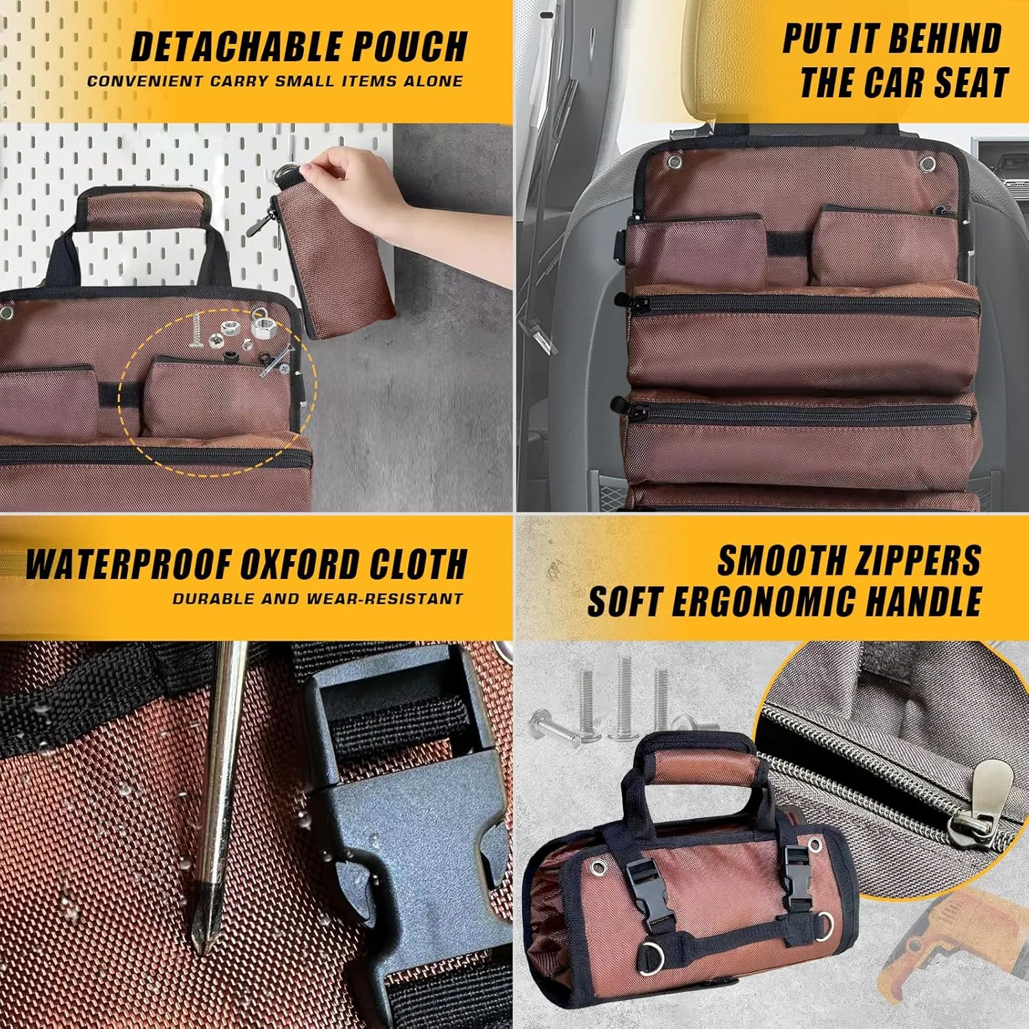 Tool Bag Roll up, Heavy Duty Tool Bag Organizer, Tool bags for Men Women, Portable Tool bag with shoulder strap, Small Carrier Bag for Electrician Mechanic, Father Day Dad Gifts, Gifts for Men, Brown