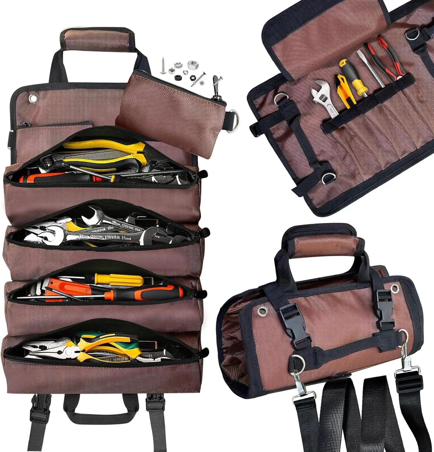 Tool Bag Roll up, Heavy Duty Tool Bag Organizer, Tool bags for Men Women, Portable Tool bag with shoulder strap, Small Carrier Bag for Electrician Mechanic, Father Day Dad Gifts, Gifts for Men, Brown