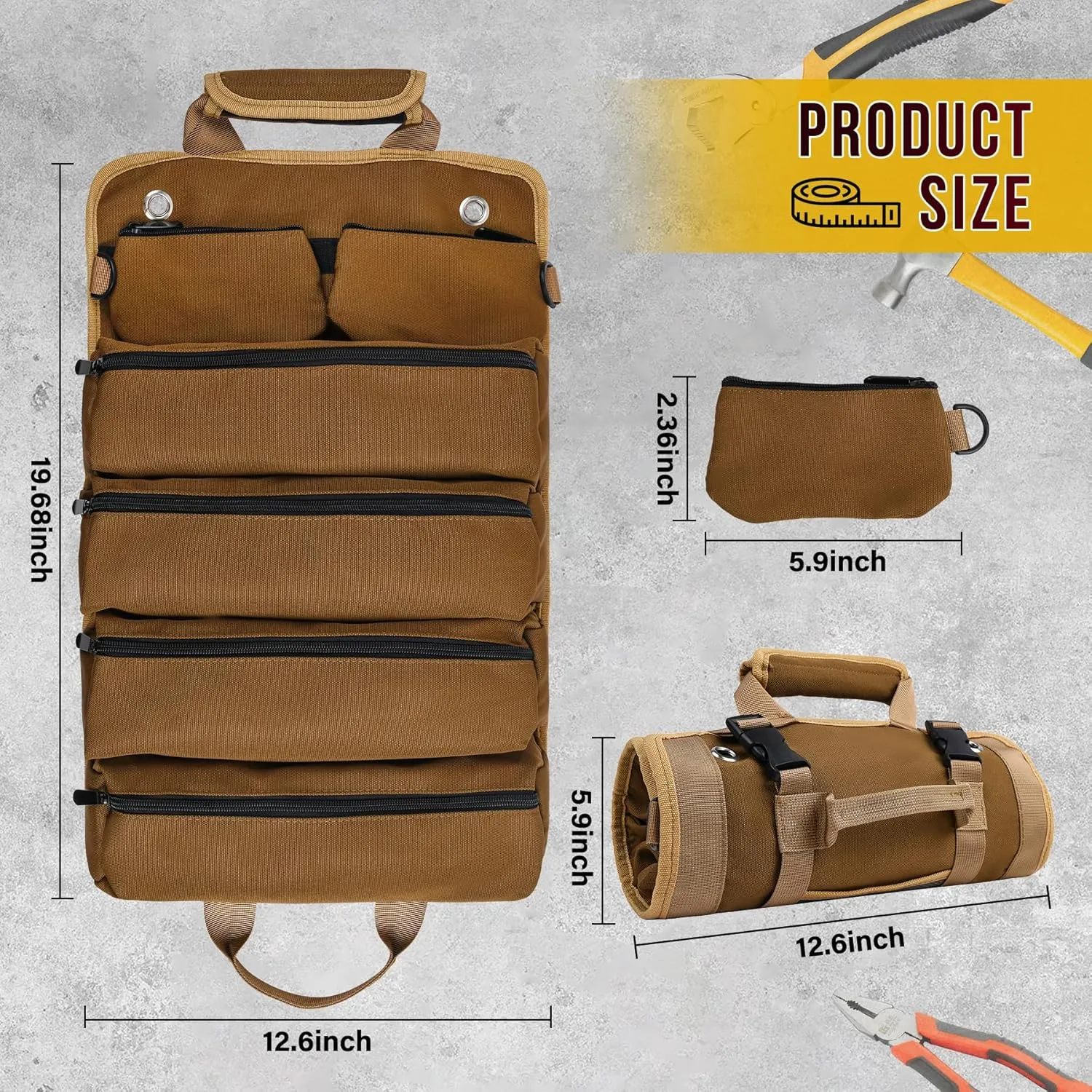 Tool Bag, Tool Bags for Men, Heavy Duty Tool Organizer, Portable Roll Up Tool Bag Gifts For Him, Mechanic, Electrician and Hobbyist, Car Tool Roll Organizer - Khaki