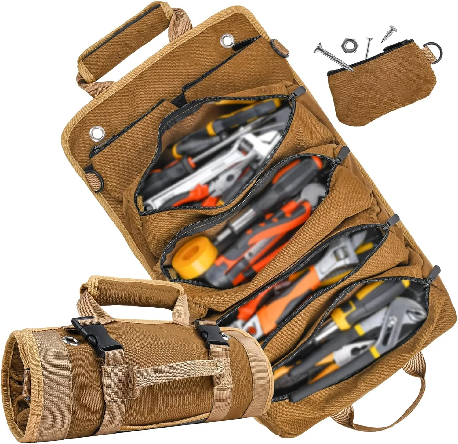 Tool Bag, Tool Bags for Men, Heavy Duty Tool Organizer, Portable Roll Up Tool Bag Gifts For Him, Mechanic, Electrician and Hobbyist, Car Tool Roll Organizer - Khaki