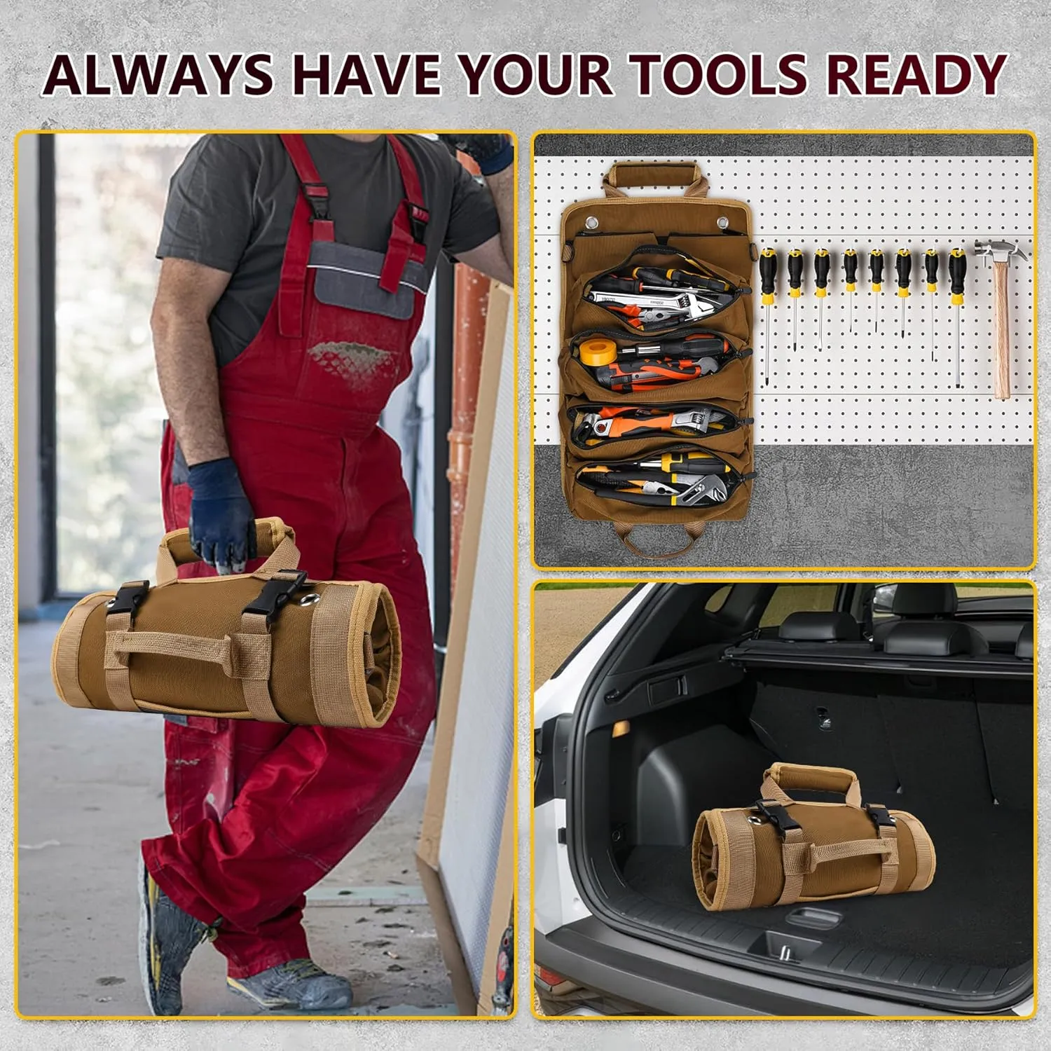 Tool Bag, Tool Bags for Men, Heavy Duty Tool Organizer, Portable Roll Up Tool Bag Gifts For Him, Mechanic, Electrician and Hobbyist, Car Tool Roll Organizer - Khaki