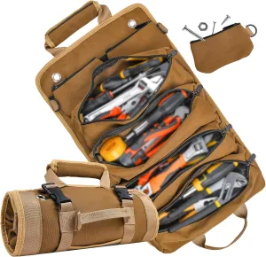 Tool Bag, Tool Bags for Men, Heavy Duty Tool Organizer, Portable Roll Up Tool Bag Gifts For Him, Mechanic, Electrician and Hobbyist, Car Tool Roll Organizer - Khaki