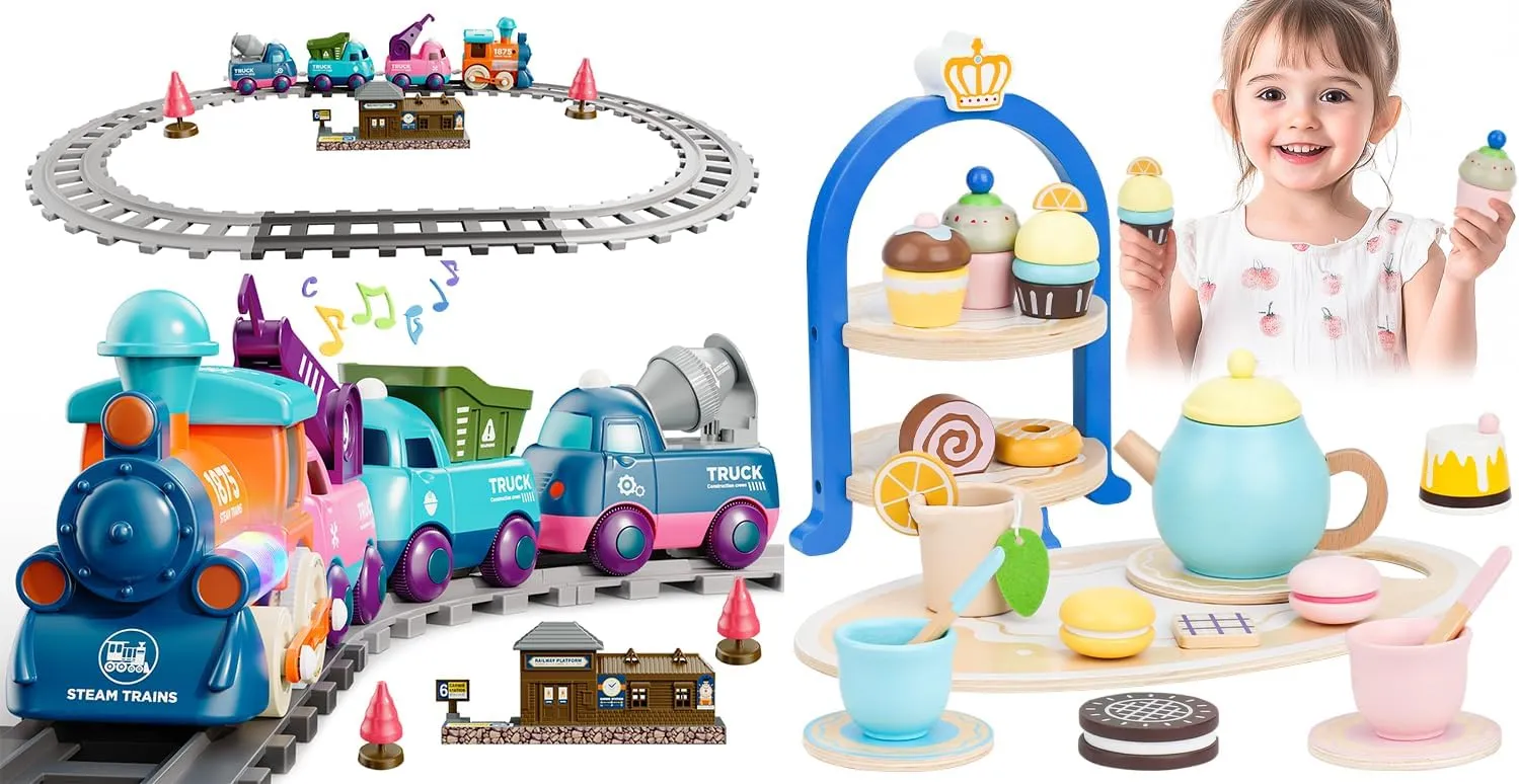 Toys for Ages 2-4, Train Set for Toddlers with Tracks & Wooden Tea Party Set Educational Pretend Play Toys for Toddlers Kids Ages 2-8, for Boys & Girls [2-in-1 Kids Toy Bundle]