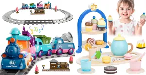 Toys for Ages 2-4, Train Set for Toddlers with Tracks & Wooden Tea Party Set Educational Pretend Play Toys for Toddlers Kids Ages 2-8, for Boys & Girls [2-in-1 Kids Toy Bundle]