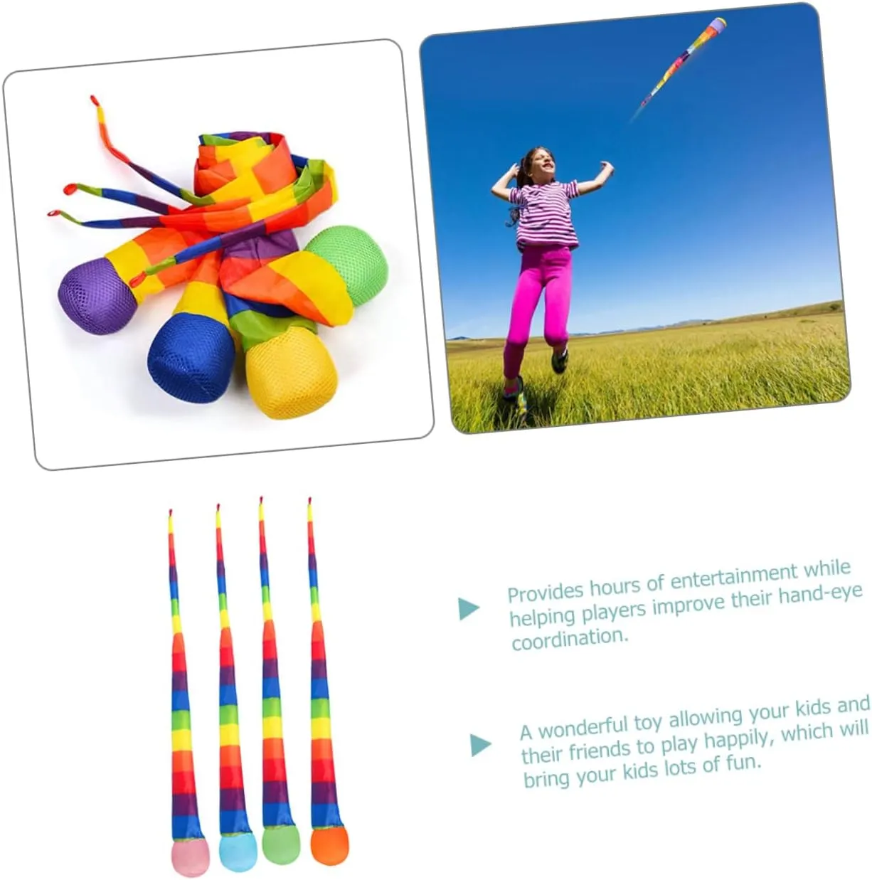 Toyvian 4 Pcs Throw and Catch Comet Balls with Rainbow Tail for School Sports Training, 25.5 inch Long