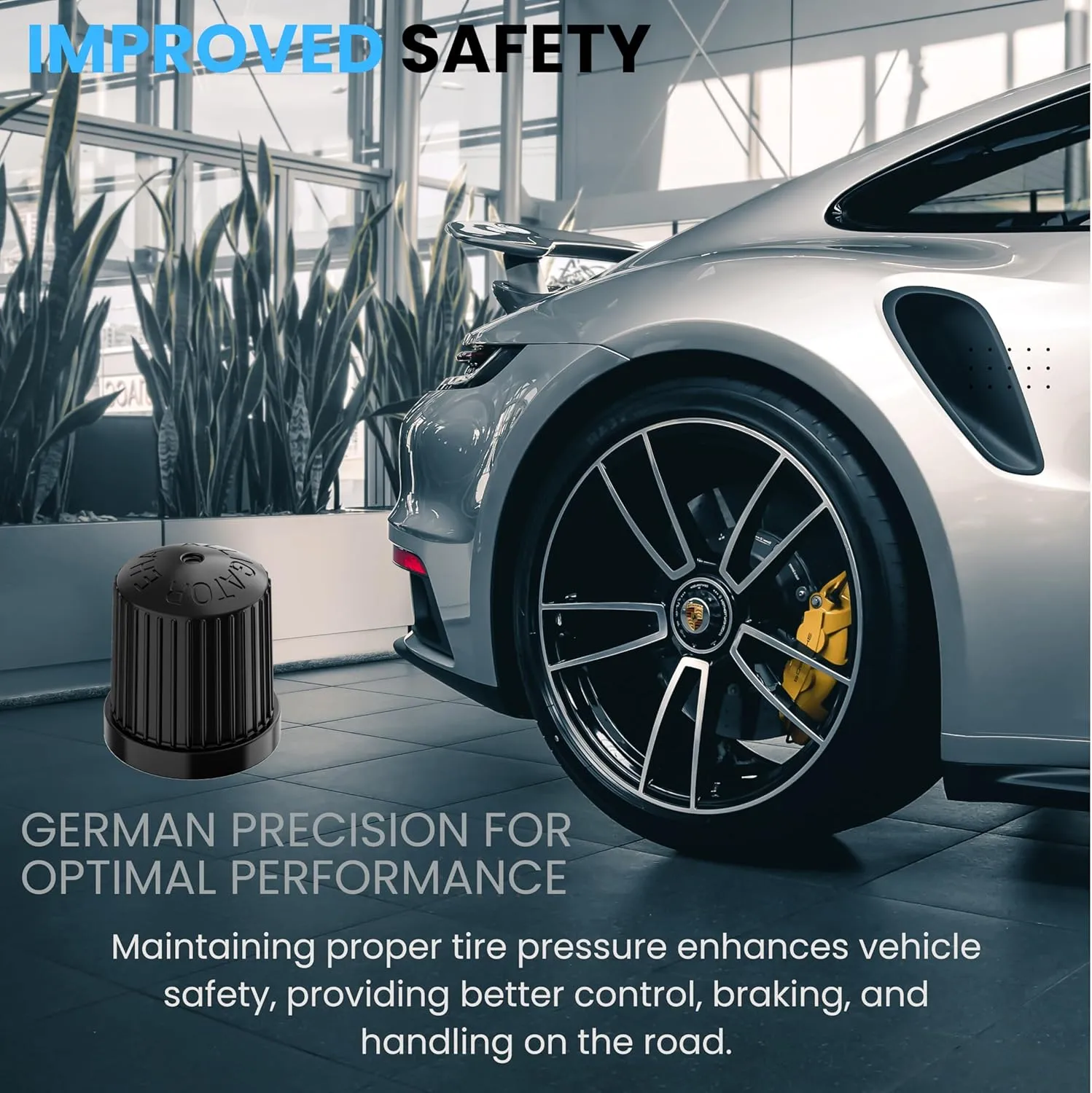 TPMS Tire Valve Caps (8-Pack) Alligator EHA Secure Air Pressure Black Valve Stem Caps Compatible with Audi, BMW, Mercedes, Porsche, Tesla, VW & More (Made in Germany)