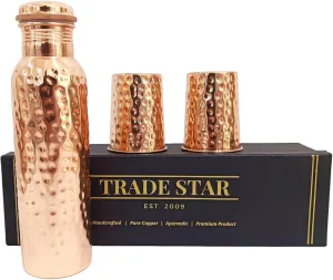 Trade Star 34 Oz Large Hammered Bottle Water Bottle Pure Copper Vessel and Glass Set with 2 Copper Glass for Drinking Premium Quality Handcrafted Ayurvedic