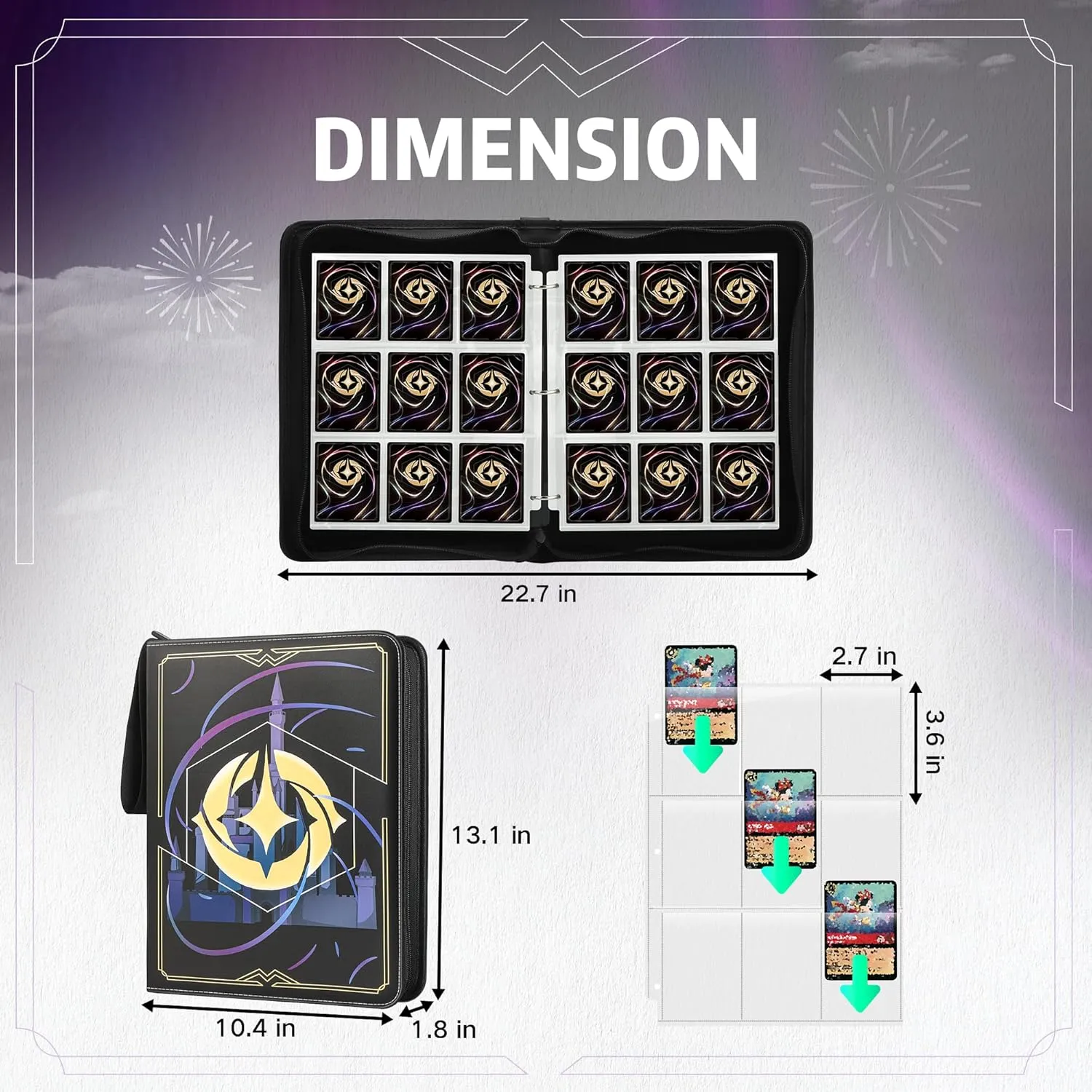 Trading Card Binder for Lorcana Cards Premium 9 Pocket Card Binder Compatible with Lorcana Cards 900 Pockets Capacity for TCG Storage Display Collection(Black 9)