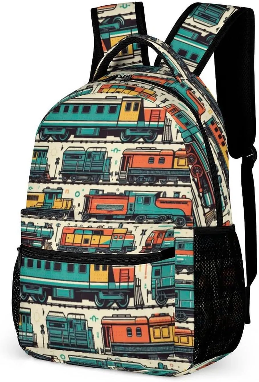 Train Backpack for Kids Girls Boys School, 16 Inches Cute Train Theme Bookbag, Adjustable, Lightweight, Large Capacity, Colorful Train Backpack for School