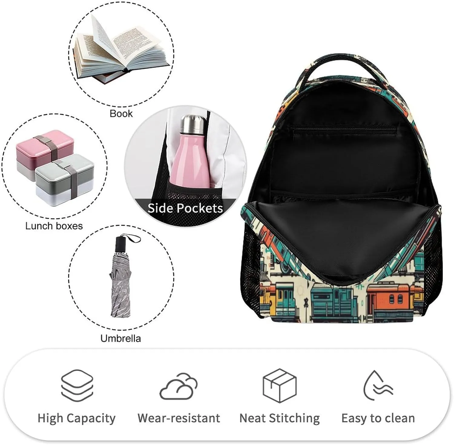 Train Backpack for Kids Girls Boys School, 16 Inches Cute Train Theme Bookbag, Adjustable, Lightweight, Large Capacity, Colorful Train Backpack for School